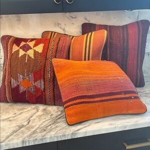 Handwoven Orange & Burgundy Accent Pillow - Rustic Boho Style